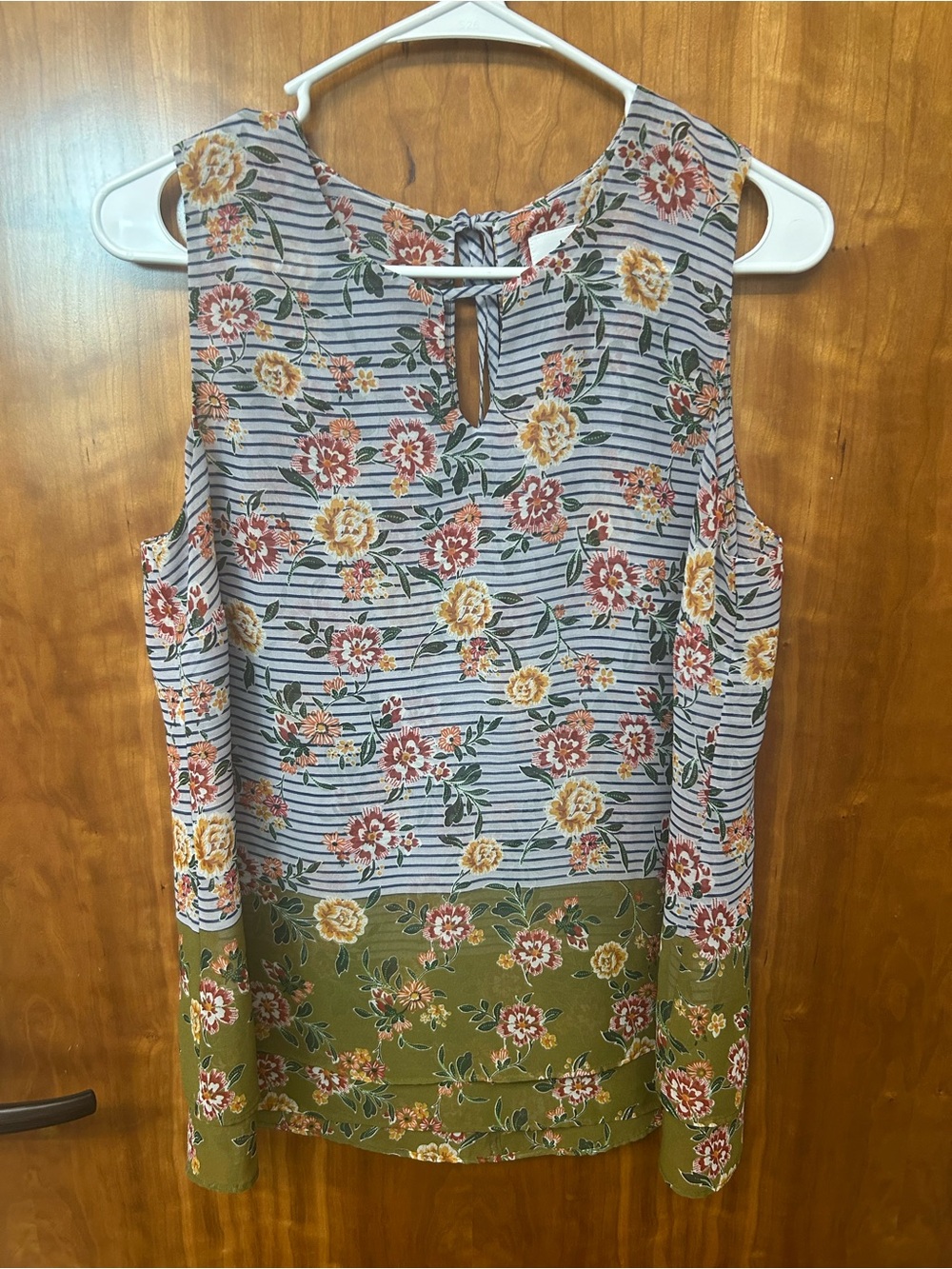 CAbi Penelope #5354 Floral Stripe Sleeveless Top in Olive, Blush, Yellow